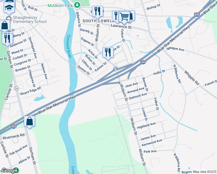 map of restaurants, bars, coffee shops, grocery stores, and more near 5 Crystal Street in Lowell