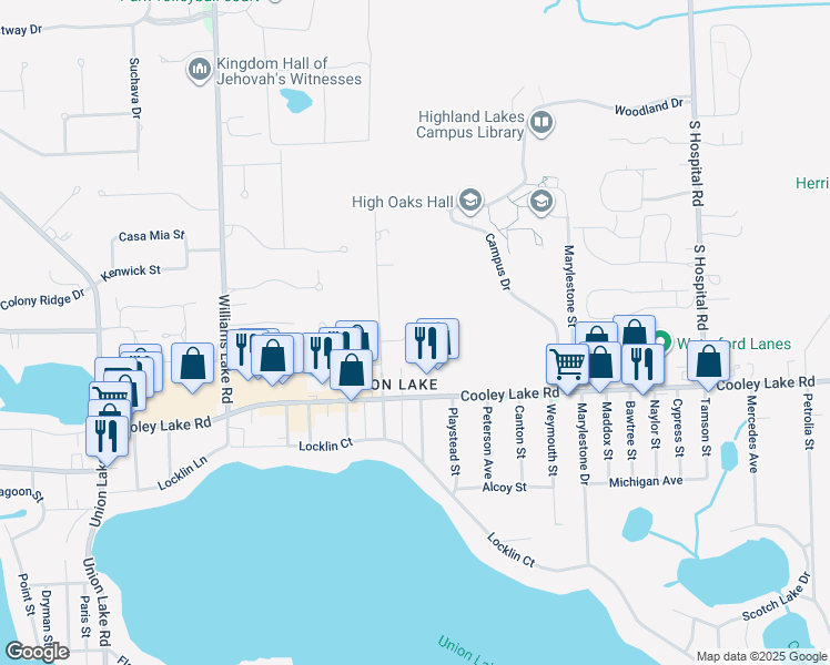 map of restaurants, bars, coffee shops, grocery stores, and more near 7600 Cooley Lake Road in Waterford Township