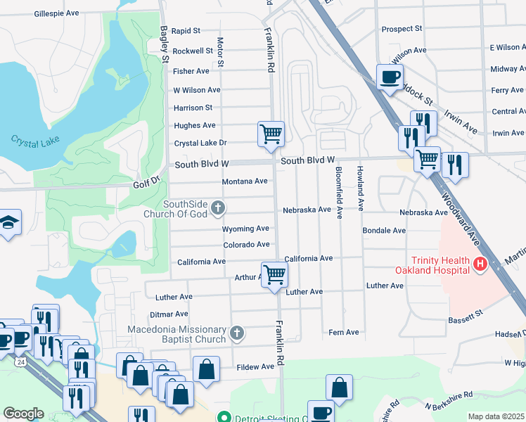 map of restaurants, bars, coffee shops, grocery stores, and more near 460 Nebraska Avenue in Pontiac