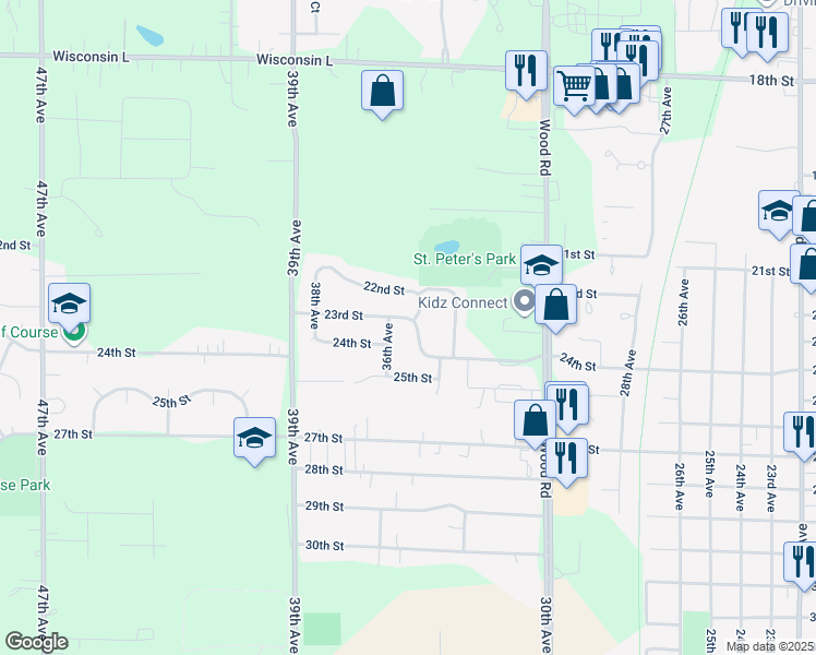 map of restaurants, bars, coffee shops, grocery stores, and more near 2401 36th Avenue in Kenosha
