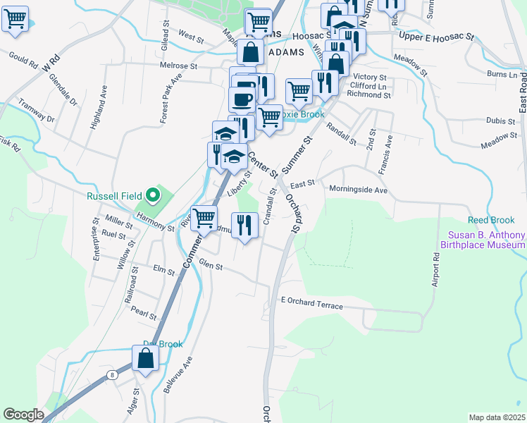 map of restaurants, bars, coffee shops, grocery stores, and more near 11 Crandall Street in Adams