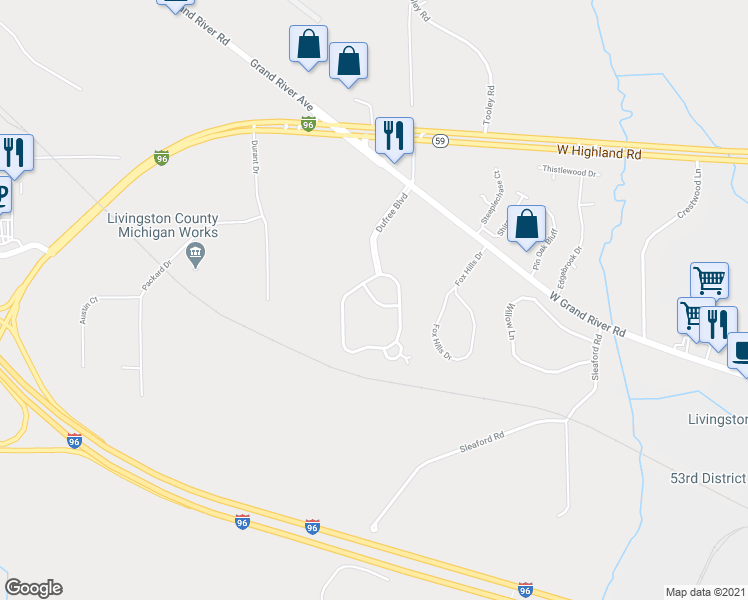 map of restaurants, bars, coffee shops, grocery stores, and more near Rial Lake Drive in Howell