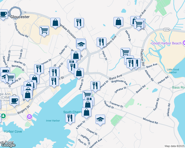 map of restaurants, bars, coffee shops, grocery stores, and more near 35 East Main Street in Gloucester