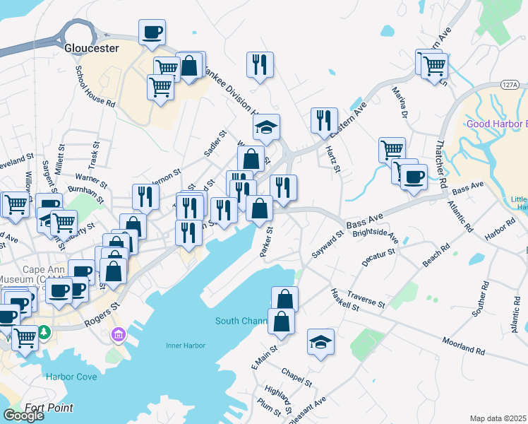 map of restaurants, bars, coffee shops, grocery stores, and more near 3 Parker Street in Gloucester