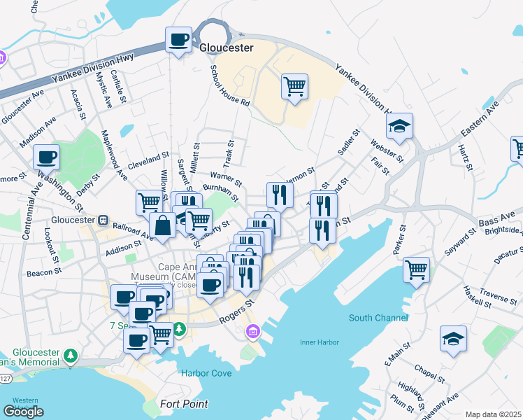 map of restaurants, bars, coffee shops, grocery stores, and more near 118 Prospect Street in Gloucester