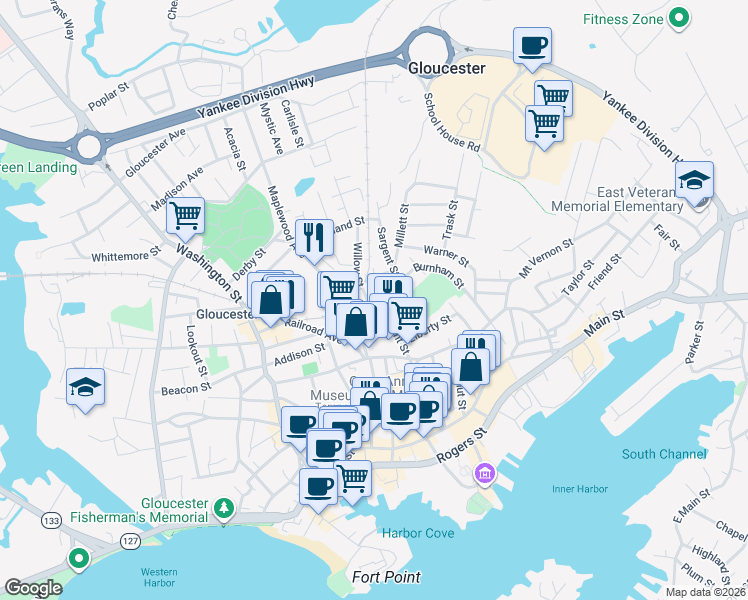 map of restaurants, bars, coffee shops, grocery stores, and more near 82 Pleasant Street in Gloucester