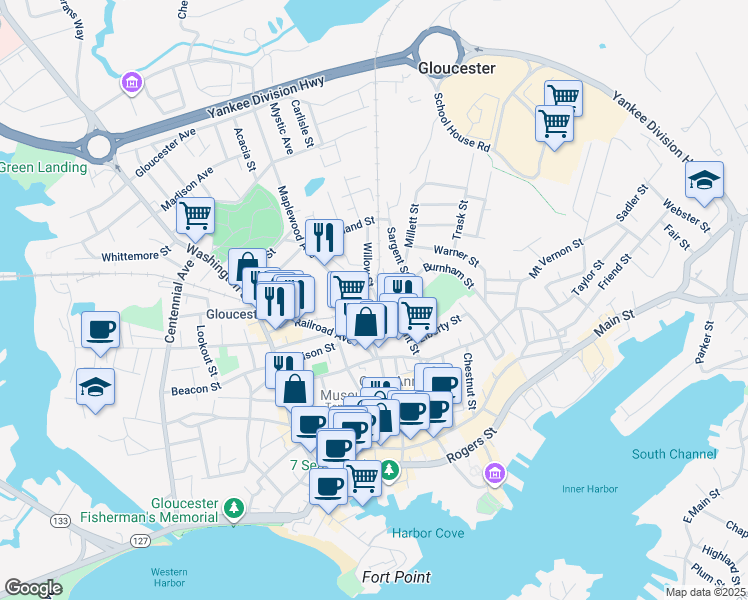 map of restaurants, bars, coffee shops, grocery stores, and more near 20 Maplewood Avenue in Gloucester