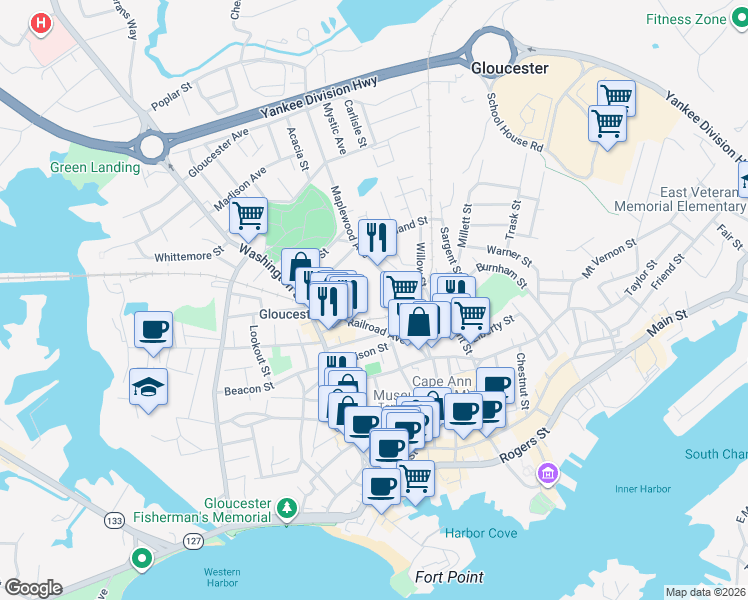 map of restaurants, bars, coffee shops, grocery stores, and more near 20 Railroad Avenue in Gloucester
