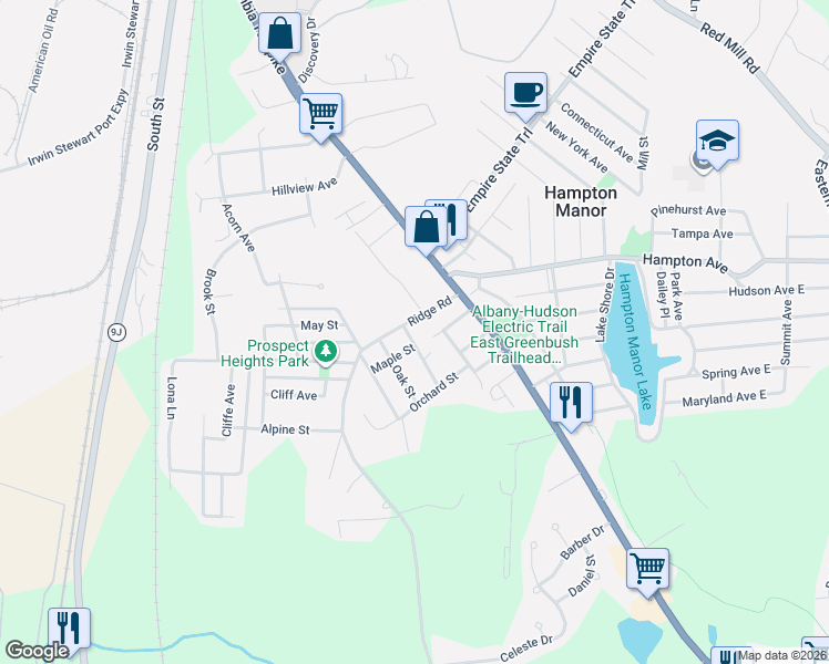 map of restaurants, bars, coffee shops, grocery stores, and more near 3 Oak Street in Rensselaer