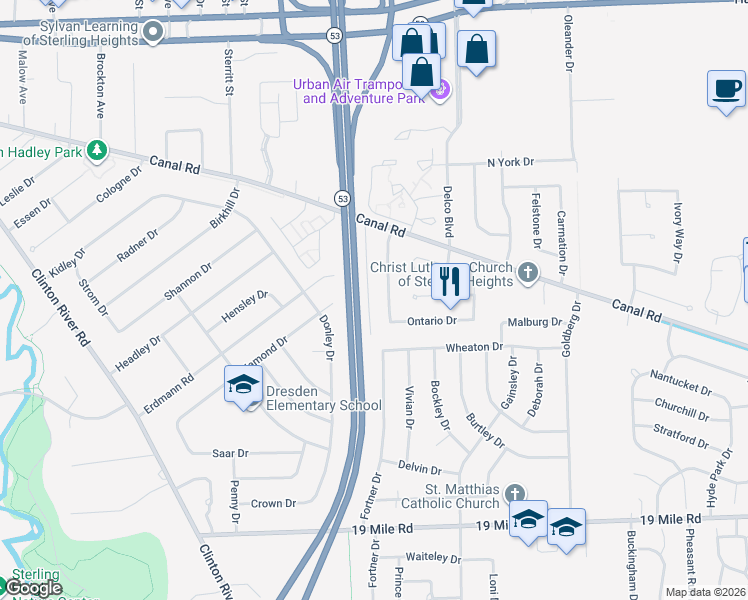 map of restaurants, bars, coffee shops, grocery stores, and more near 43814 Freeway Drive in Sterling Heights