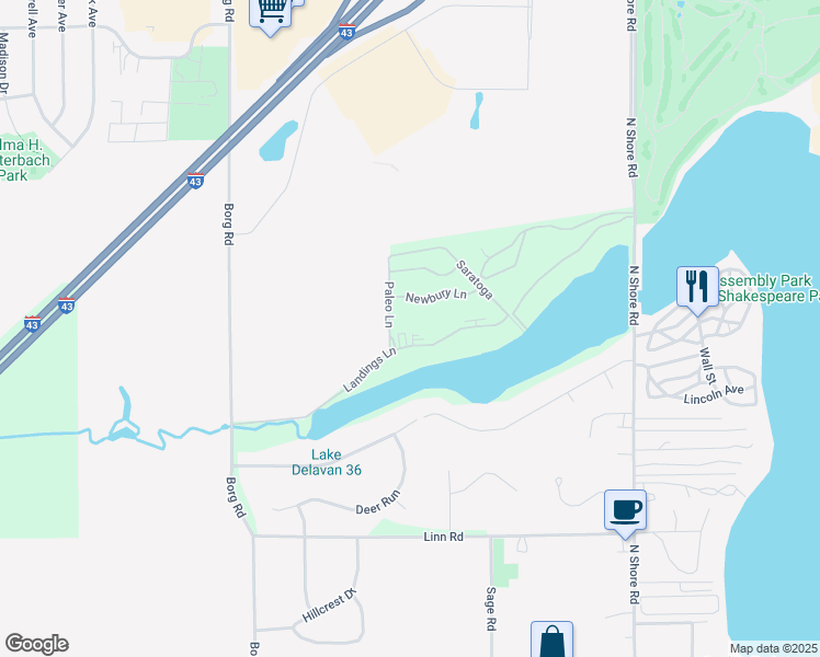 map of restaurants, bars, coffee shops, grocery stores, and more near 2178 Landings Lane in Delavan