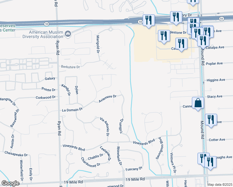 map of restaurants, bars, coffee shops, grocery stores, and more near 4798 Aviemore Drive in Sterling Heights