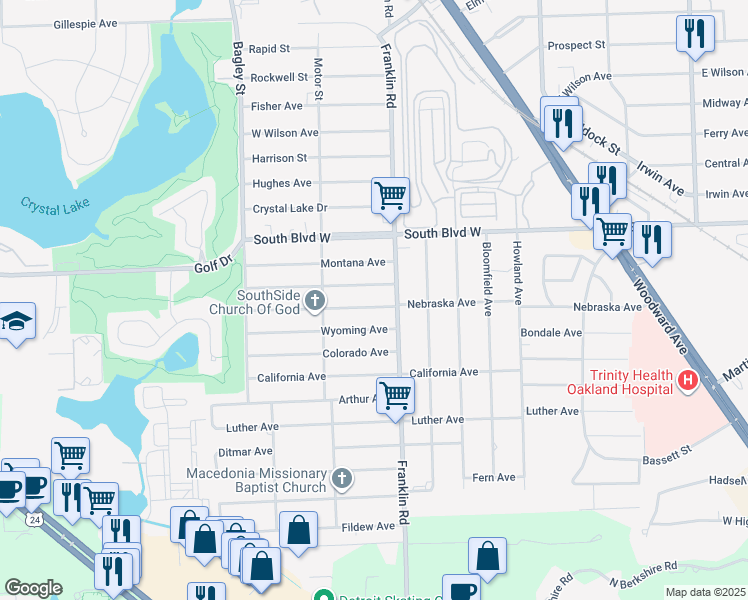 map of restaurants, bars, coffee shops, grocery stores, and more near 460 Nevada Avenue in Pontiac