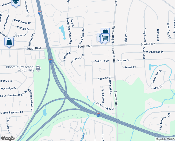 map of restaurants, bars, coffee shops, grocery stores, and more near 1729 Shaker Heights Drive in Bloomfield Hills