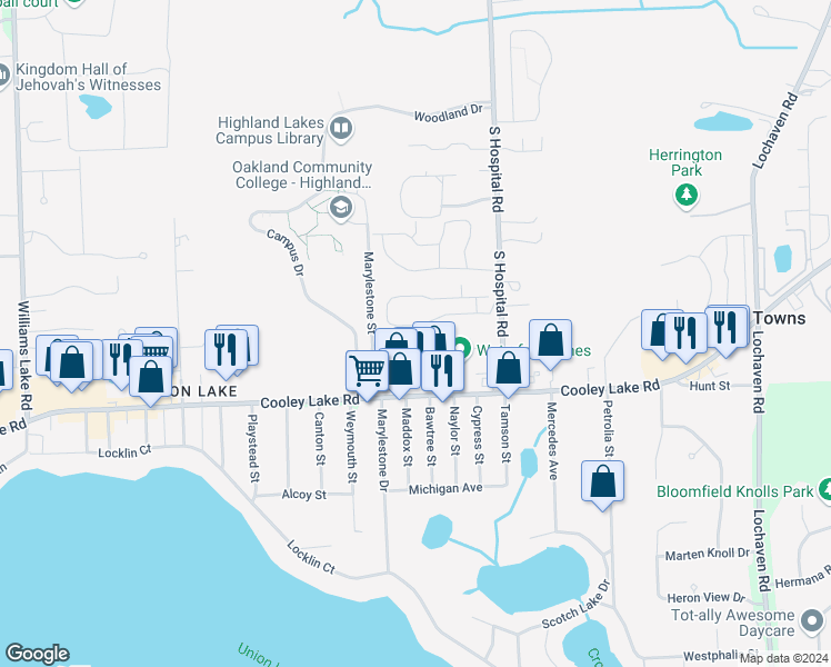 map of restaurants, bars, coffee shops, grocery stores, and more near 7077 Rolling Hills Drive in Waterford Township