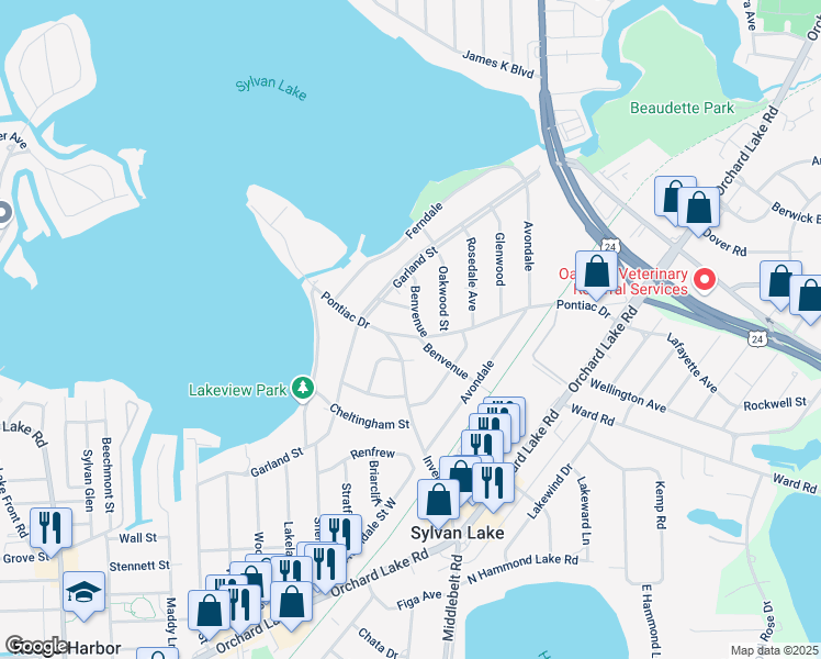 map of restaurants, bars, coffee shops, grocery stores, and more near 2297 Garland Street in Sylvan Lake