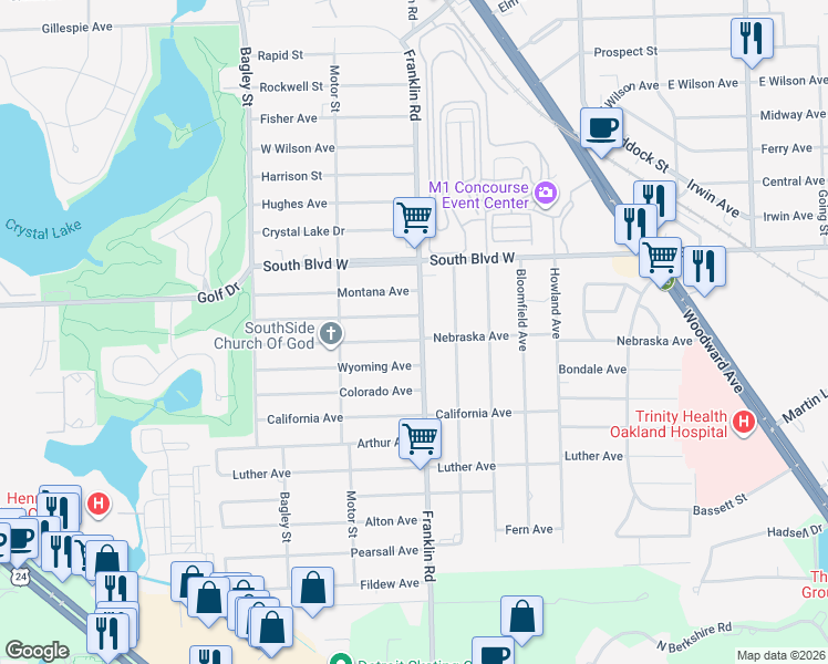 map of restaurants, bars, coffee shops, grocery stores, and more near 460 Nevada Avenue in Pontiac