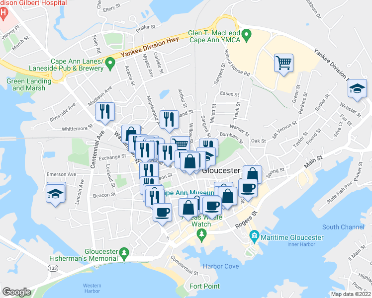 map of restaurants, bars, coffee shops, grocery stores, and more near 10 Willow Street in Gloucester