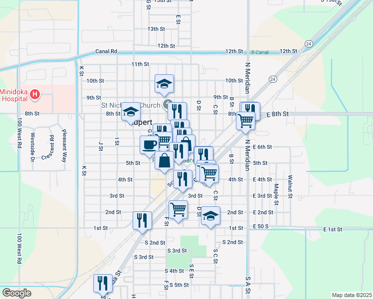 map of restaurants, bars, coffee shops, grocery stores, and more near 502 E Street in Rupert