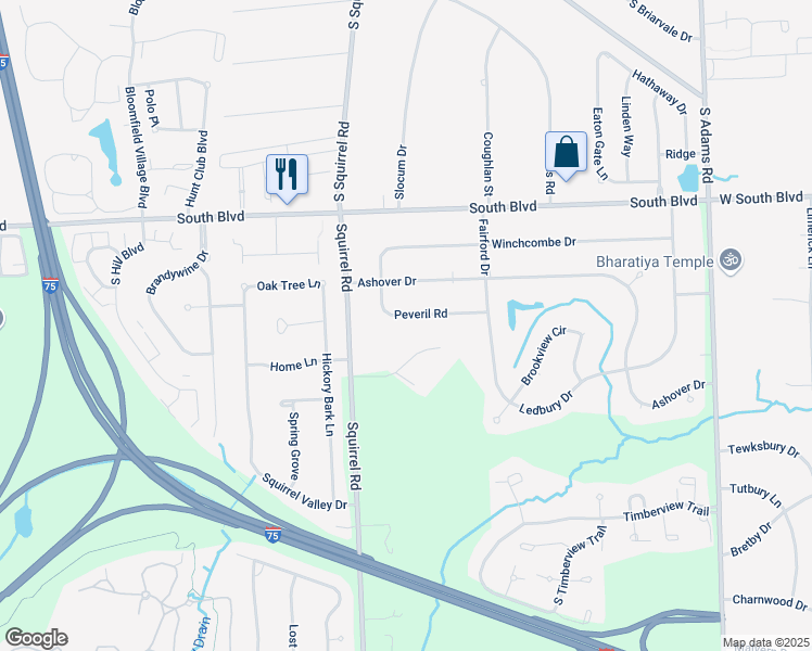 map of restaurants, bars, coffee shops, grocery stores, and more near 1151 Peveril Road in Bloomfield Hills