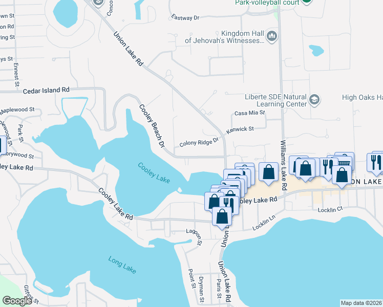 map of restaurants, bars, coffee shops, grocery stores, and more near 8423 Colony Ridge Drive in White Lake charter Township