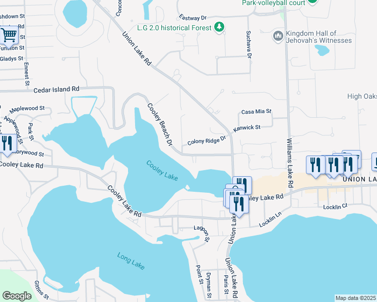 map of restaurants, bars, coffee shops, grocery stores, and more near 8526 Cooley Beach Drive in White Lake charter Township