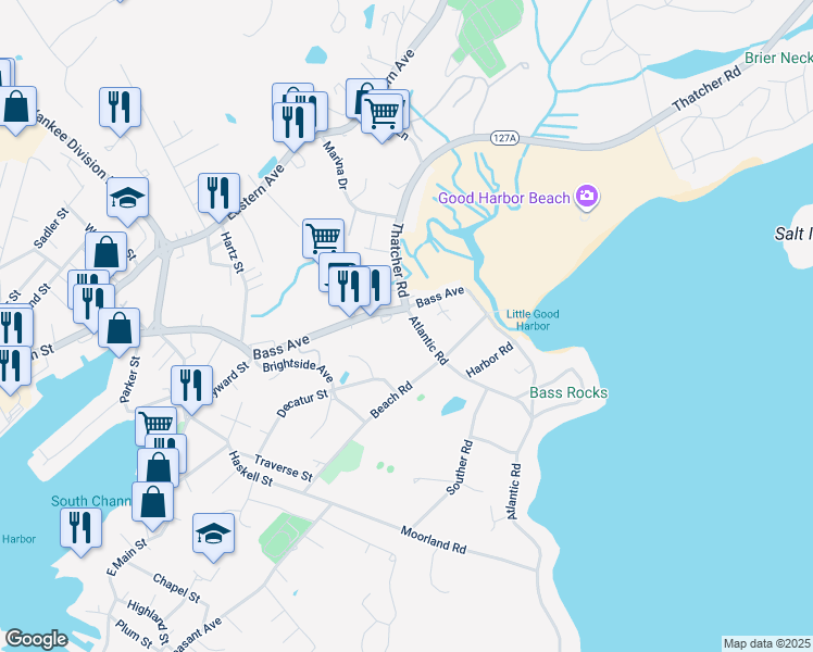 map of restaurants, bars, coffee shops, grocery stores, and more near 108 Bass Avenue in Gloucester