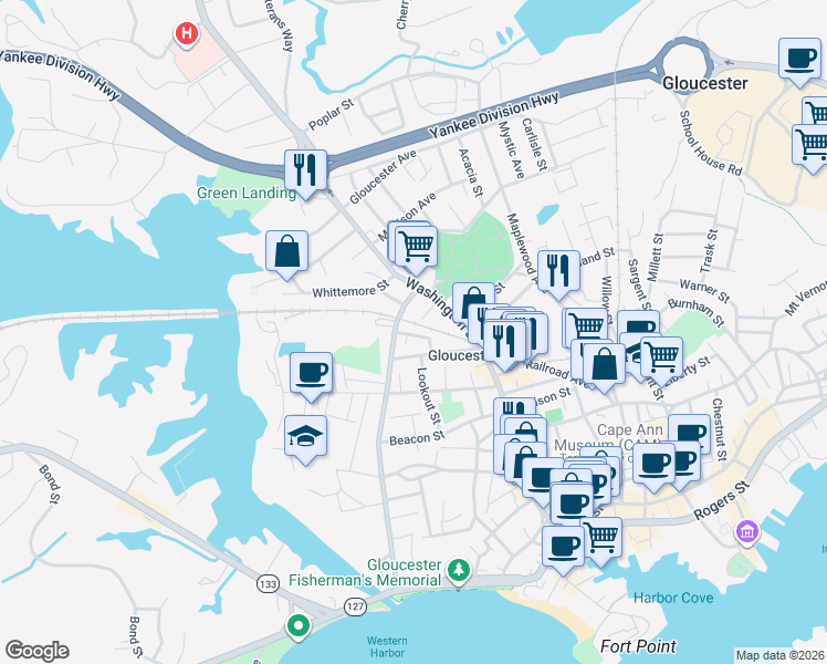map of restaurants, bars, coffee shops, grocery stores, and more near 109 Centennial Avenue in Gloucester