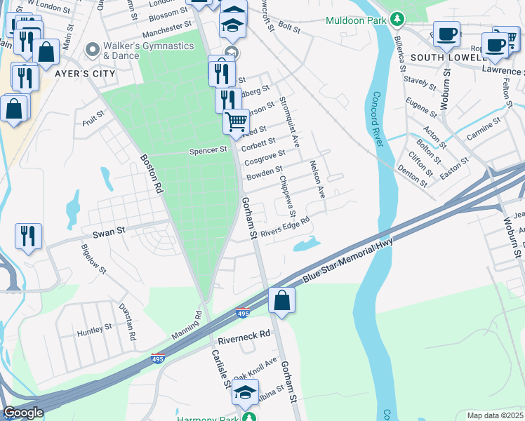 map of restaurants, bars, coffee shops, grocery stores, and more near 1392 Gorham Street in Lowell