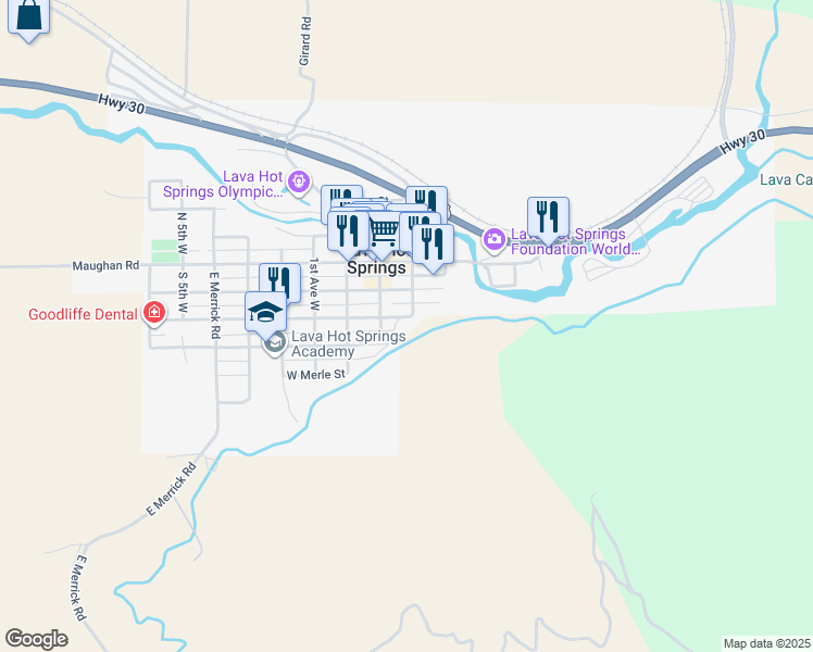 map of restaurants, bars, coffee shops, grocery stores, and more near 191 Booth Street in Lava Hot Springs