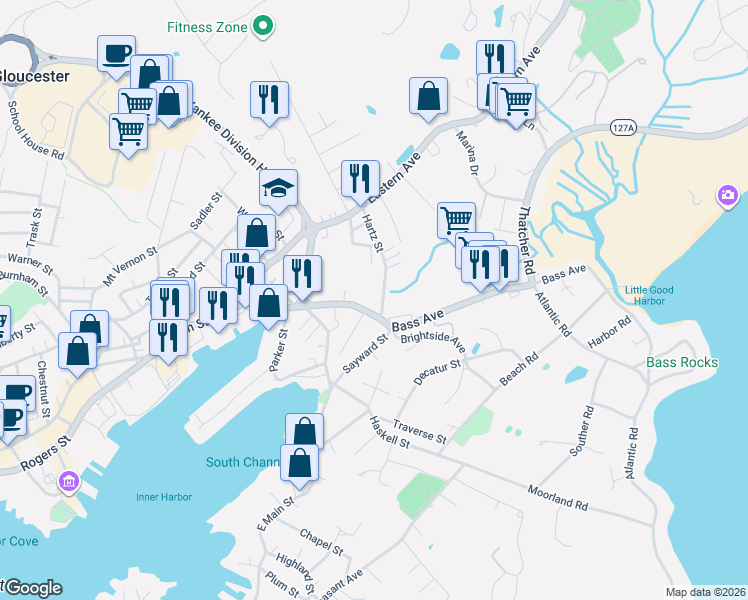 map of restaurants, bars, coffee shops, grocery stores, and more near 38R Bass Avenue in Gloucester