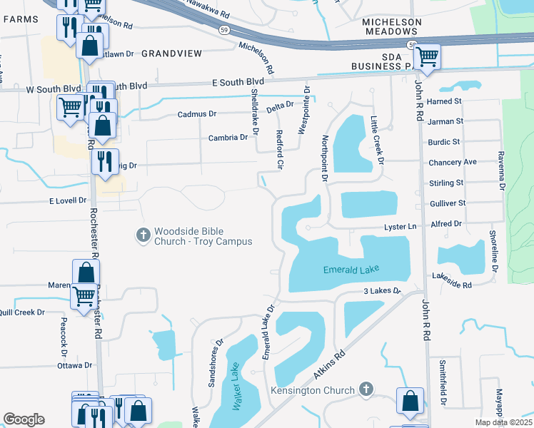 map of restaurants, bars, coffee shops, grocery stores, and more near 6623 Emerald Lake Drive in Troy
