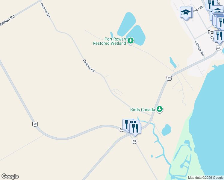 map of restaurants, bars, coffee shops, grocery stores, and more near 60 Dedrick Road in Port Rowan