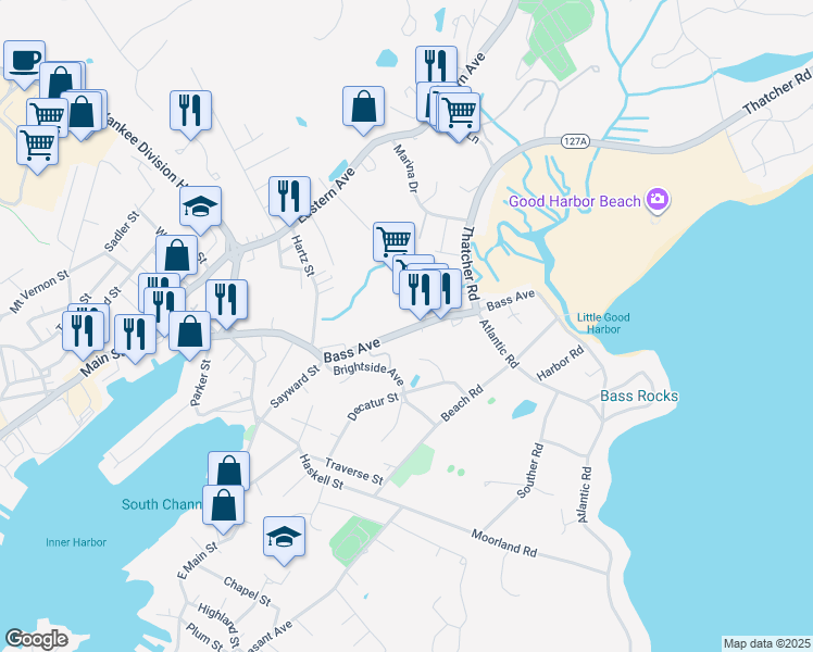 map of restaurants, bars, coffee shops, grocery stores, and more near 80R Bass Avenue in Gloucester