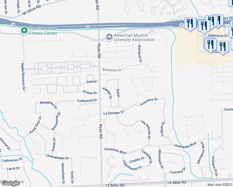 map of restaurants, bars, coffee shops, grocery stores, and more near 44154 Kendyl Drive in Sterling Heights