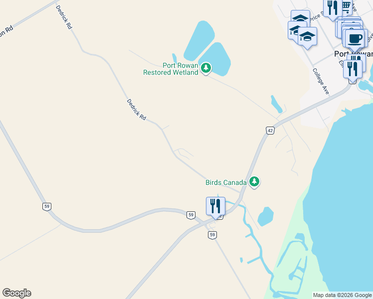 map of restaurants, bars, coffee shops, grocery stores, and more near 60 Dedrick Road in Port Rowan