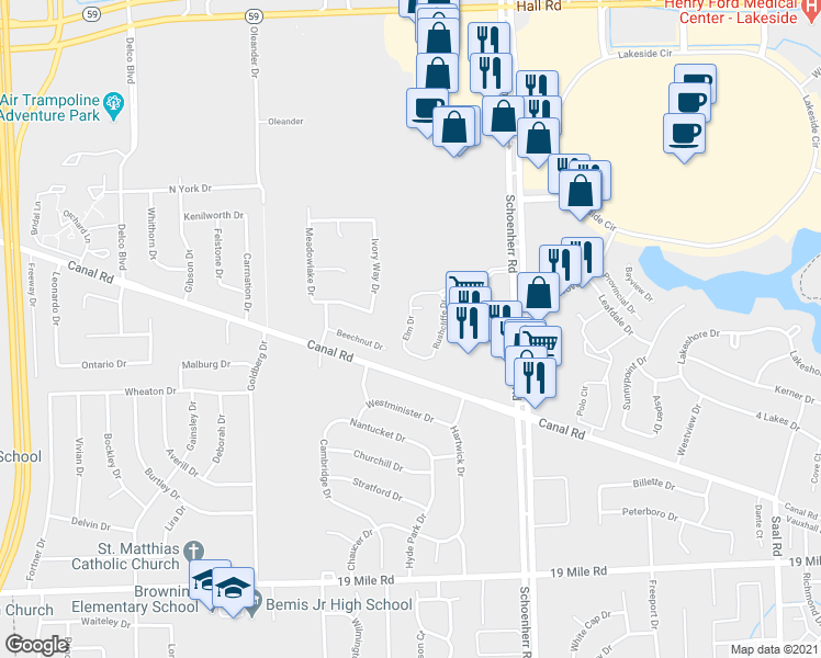map of restaurants, bars, coffee shops, grocery stores, and more near Elm Drive in Sterling Heights