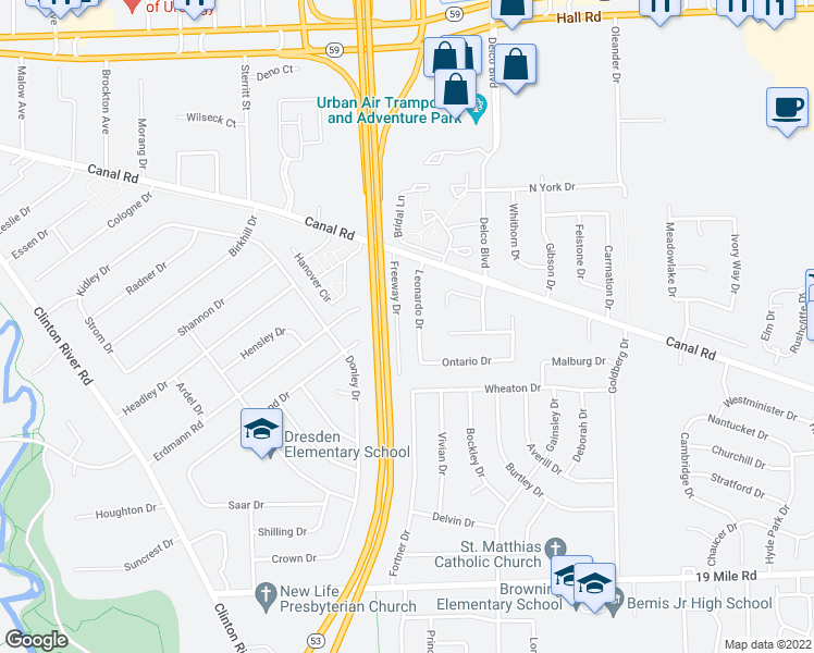 map of restaurants, bars, coffee shops, grocery stores, and more near 43874 Freeway Drive in Sterling Heights