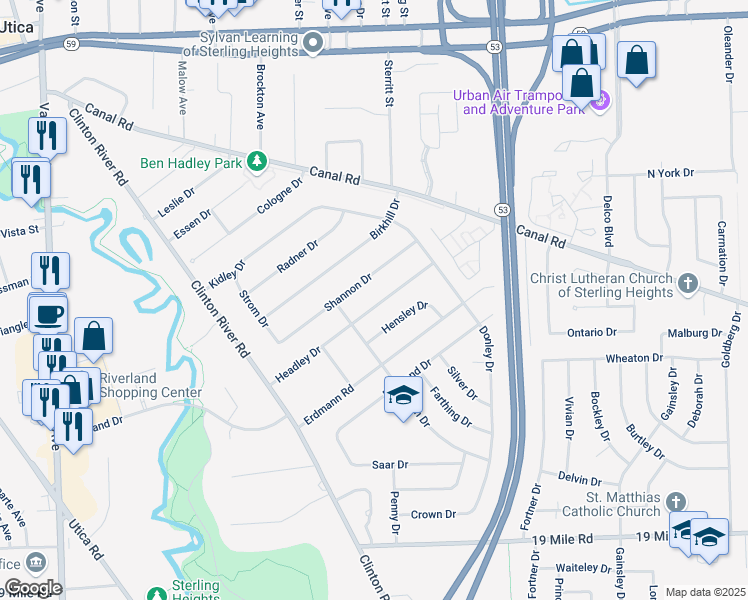 map of restaurants, bars, coffee shops, grocery stores, and more near 9003 Headley Drive in Sterling Heights