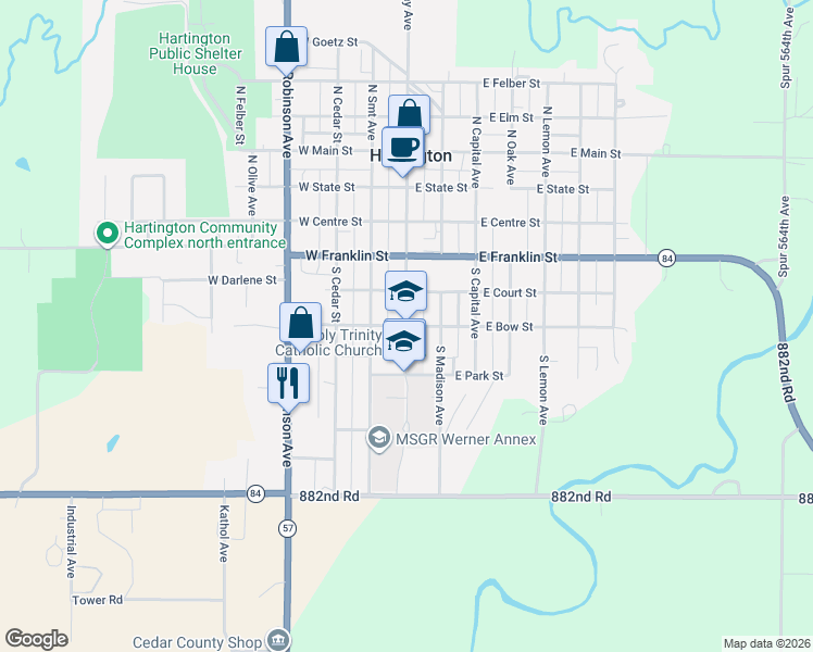 map of restaurants, bars, coffee shops, grocery stores, and more near 399 South Broadway Street in Hartington