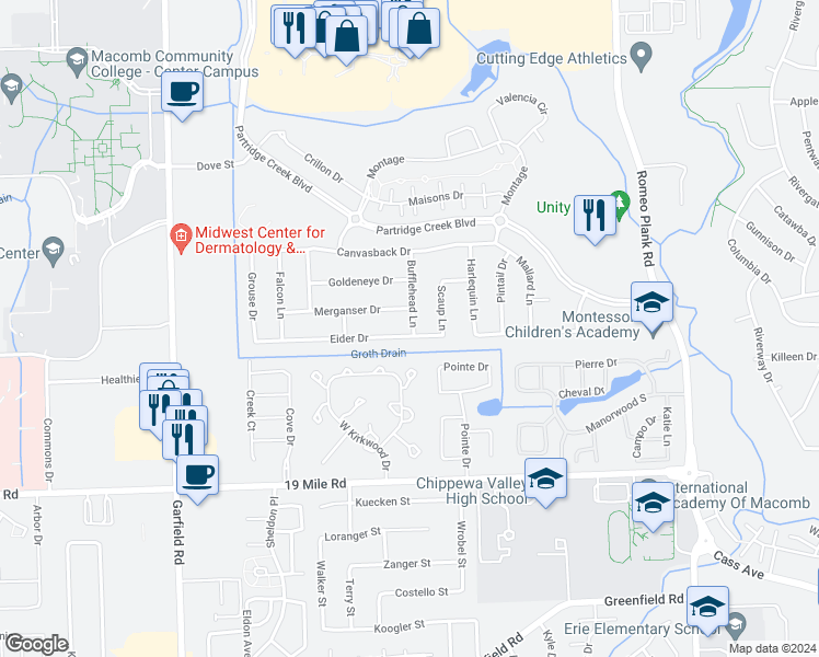 map of restaurants, bars, coffee shops, grocery stores, and more near 17901 Eider Drive in Charter Township of Clinton