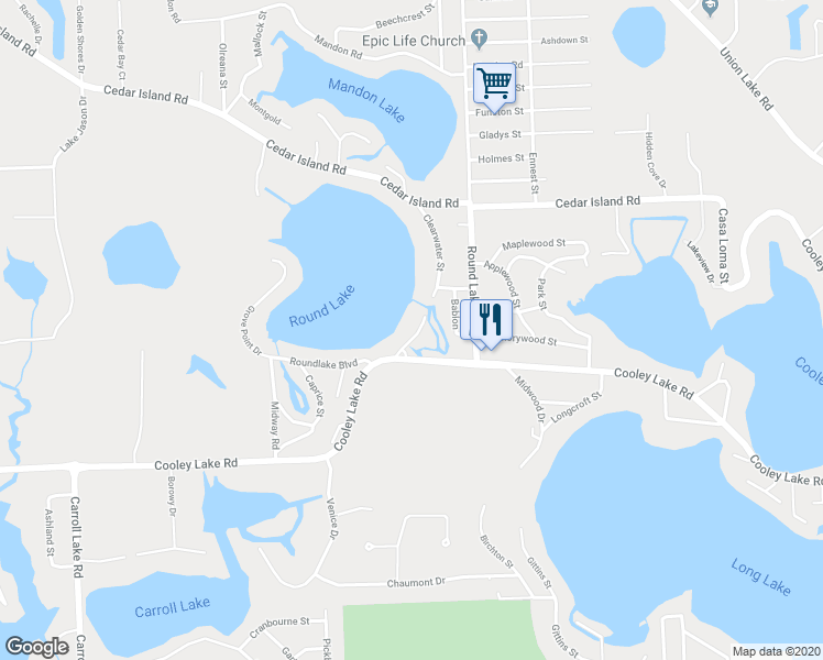 map of restaurants, bars, coffee shops, grocery stores, and more near 1324 Clearwater Street in White Lake charter Township