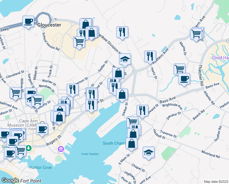 map of restaurants, bars, coffee shops, grocery stores, and more near 10 Eastern Avenue in Gloucester