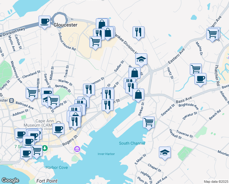 map of restaurants, bars, coffee shops, grocery stores, and more near 42 Friend Street in Gloucester