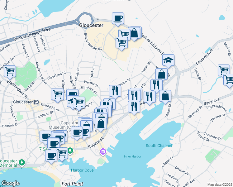 map of restaurants, bars, coffee shops, grocery stores, and more near 22 Mount Vernon Street in Gloucester