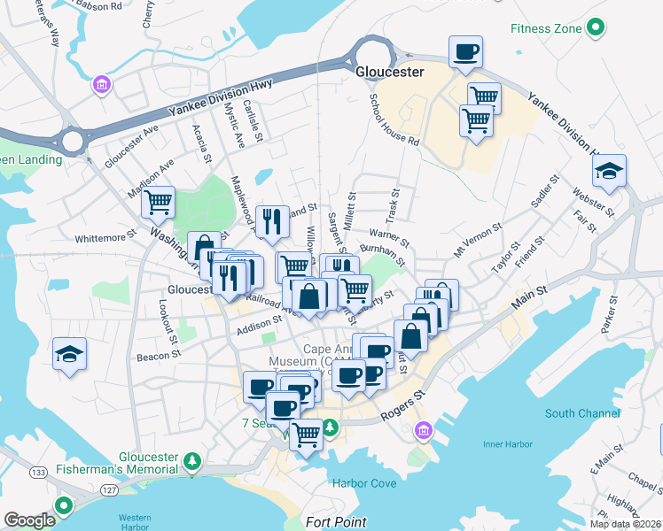 map of restaurants, bars, coffee shops, grocery stores, and more near 6 Cedar Street in Gloucester