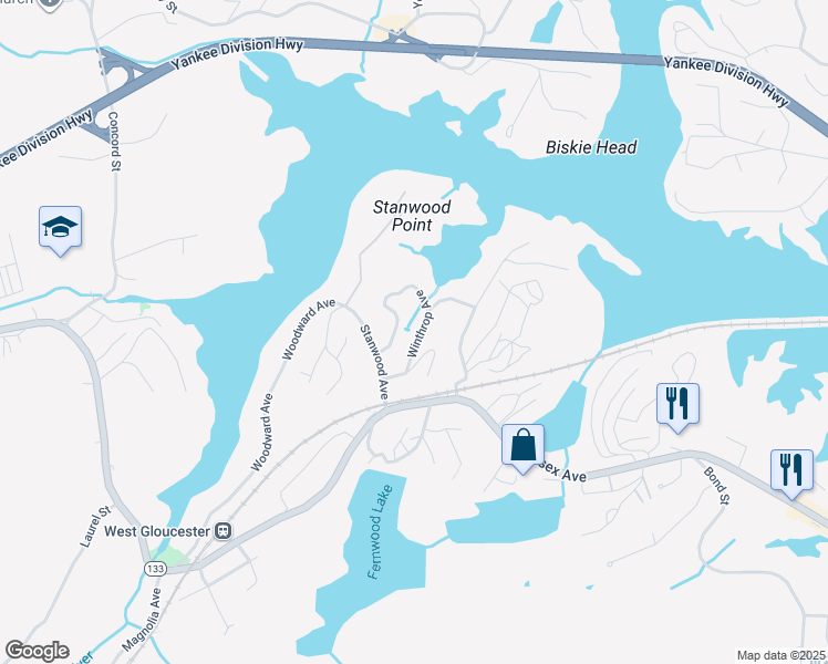 map of restaurants, bars, coffee shops, grocery stores, and more near 42 Winthrop Avenue in Gloucester