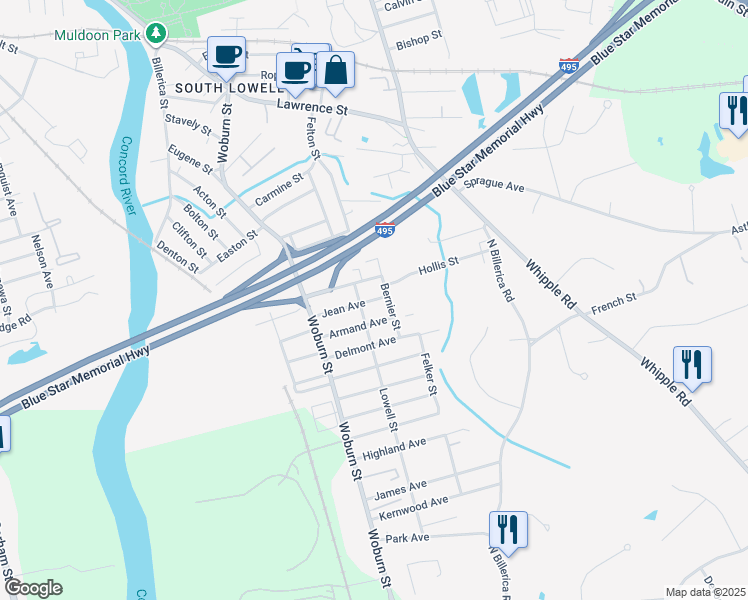 map of restaurants, bars, coffee shops, grocery stores, and more near 51 Christman Avenue in Lowell