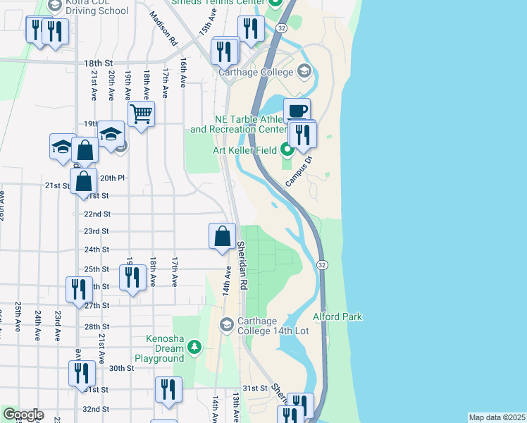 map of restaurants, bars, coffee shops, grocery stores, and more near 2101 Sheridan Road in Kenosha