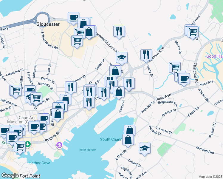 map of restaurants, bars, coffee shops, grocery stores, and more near 10 Eastern Avenue in Gloucester